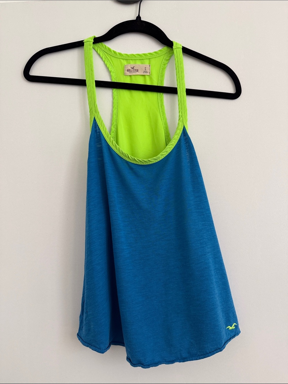Hollister Women's Teal Blue Tank with Neon Green Trim and Back